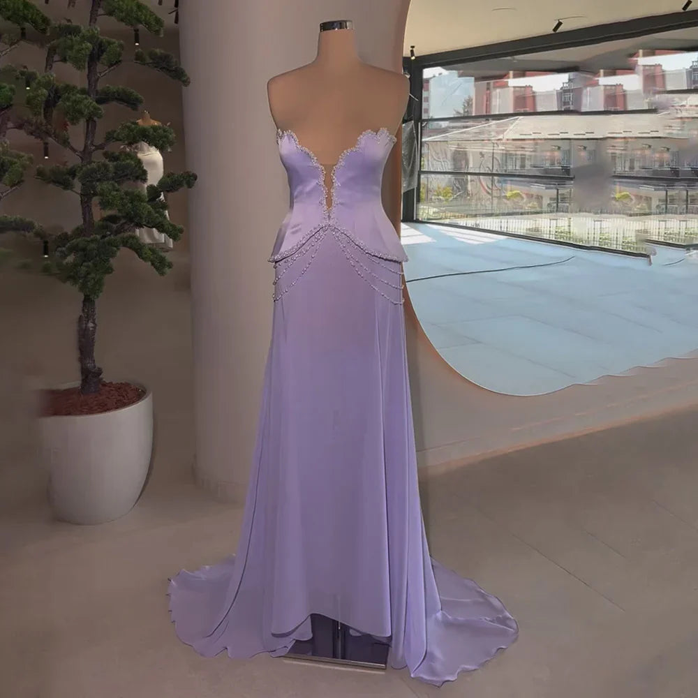 Luxury Dubai Arabic Lilac Beaded Mermaid Satin Evening Dresses Gowns for Formal Occasion LA72808