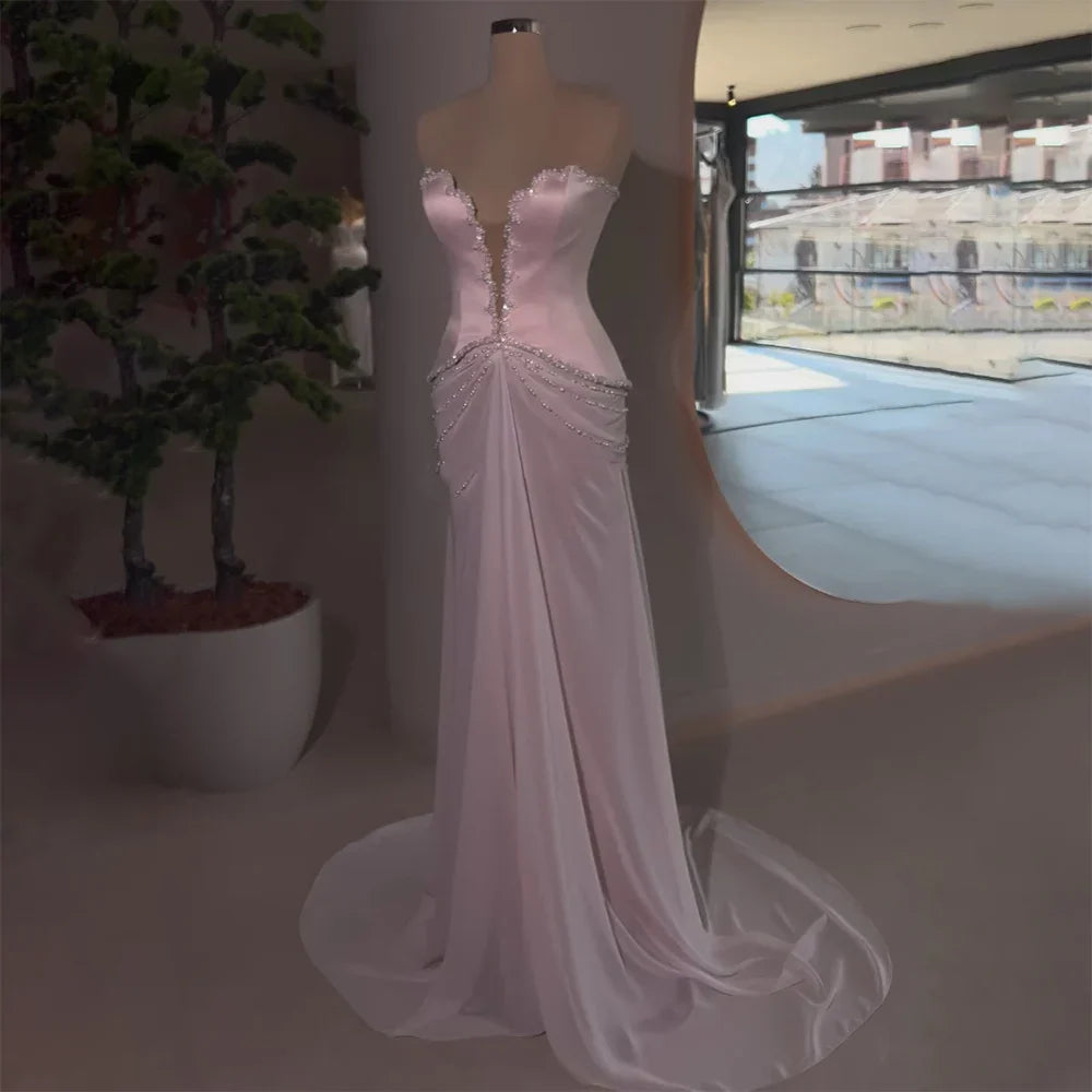 Luxury Dubai Arabic Lilac Beaded Mermaid Satin Evening Dresses Gowns for Formal Occasion LA72808