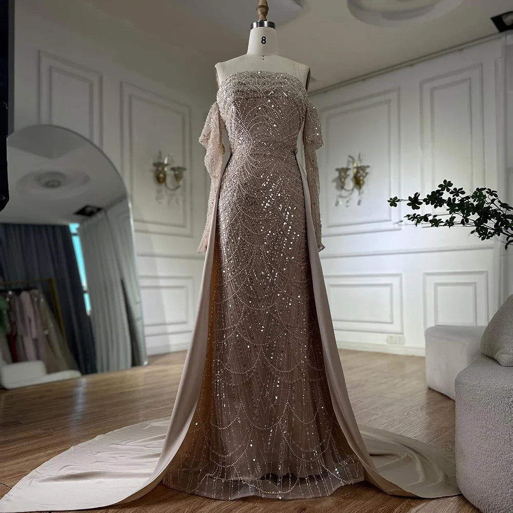 Luxury Nude Pearls Beaded Mermaid Evening Gown with Overskirt LA72160B