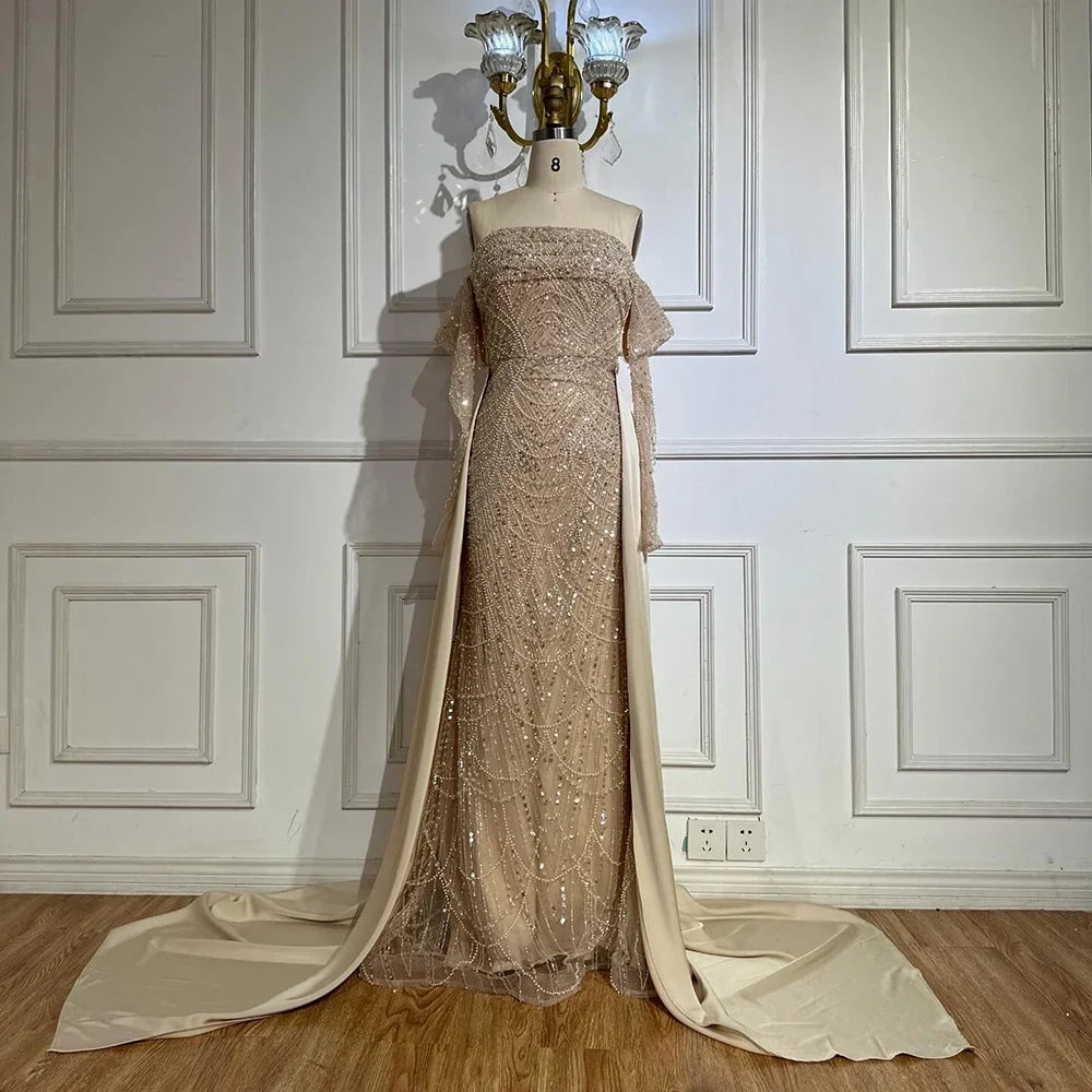 Luxury Nude Pearls Beaded Mermaid Evening Gown with Overskirt LA72160B