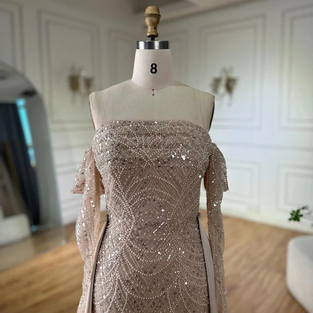 Luxury Nude Pearls Beaded Mermaid Evening Gown with Overskirt LA72160B