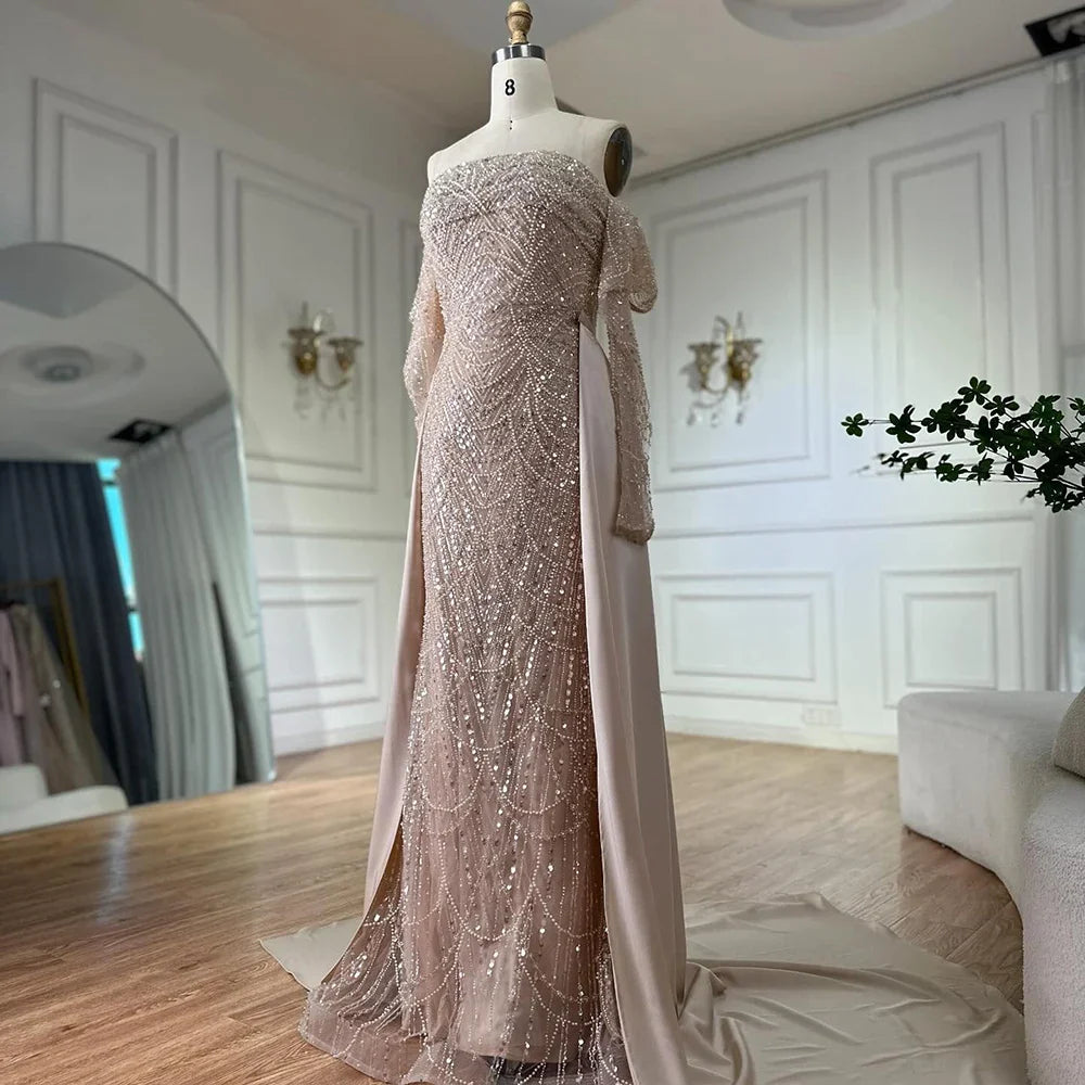 Luxury Nude Pearls Beaded Mermaid Evening Gown with Overskirt LA72160B