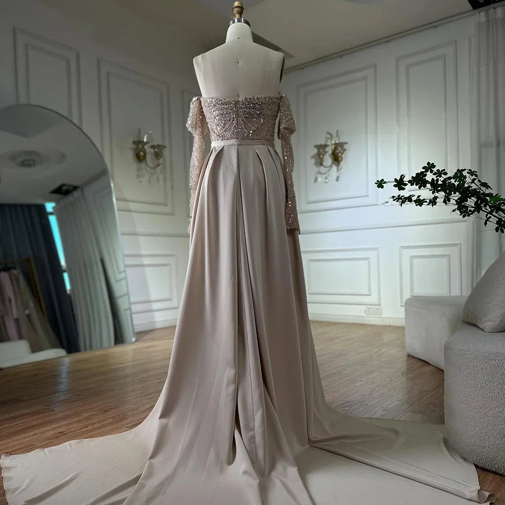 Luxury Nude Pearls Beaded Mermaid Evening Gown with Overskirt LA72160B