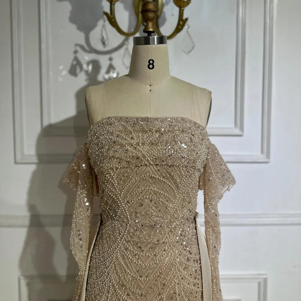 Luxury Nude Pearls Beaded Mermaid Evening Gown with Overskirt LA72160B