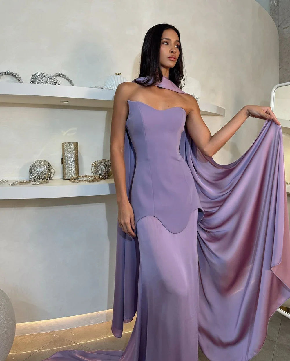 Luxury Dubai Arabic Purple Mermaid Satin Evening Dresses Gowns with Long Cape for Formal Occasion LA72813