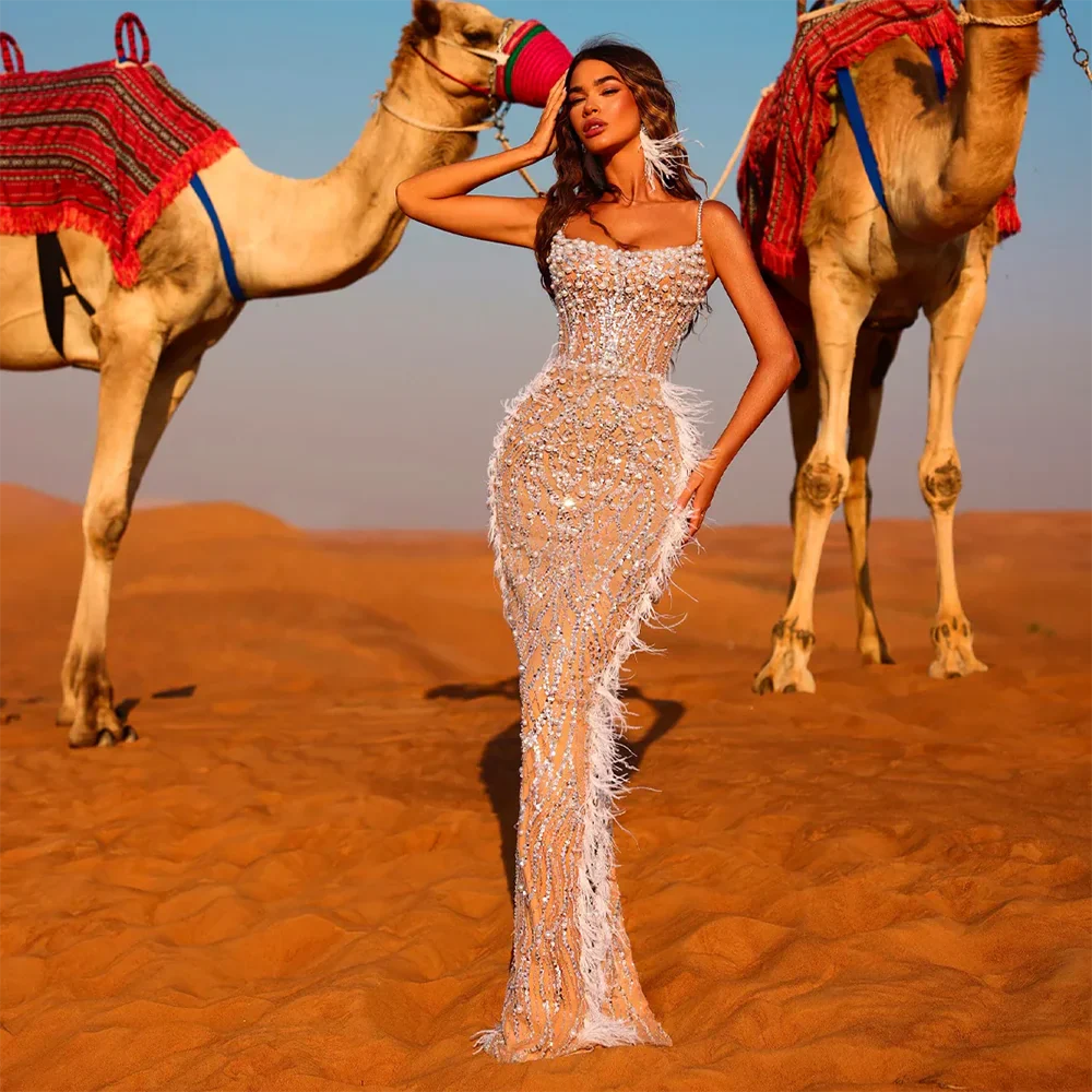 Luxury Dubai Arabic White Nude Spaghetti Strap Feathers Beaded Mermaid Evening Gown for Formal Occasion LA72823
