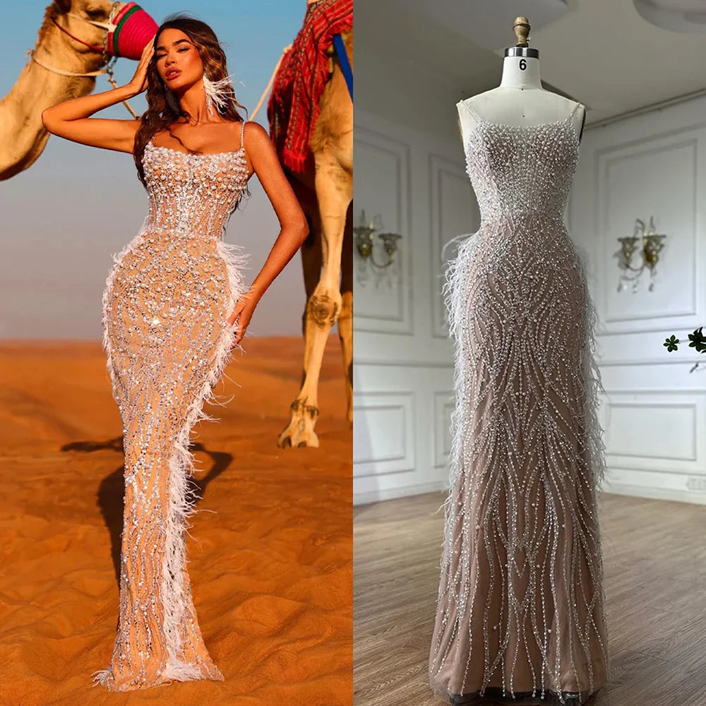 Luxury Dubai Arabic White Nude Spaghetti Strap Feathers Beaded Mermaid Evening Gown for Formal Occasion LA72823