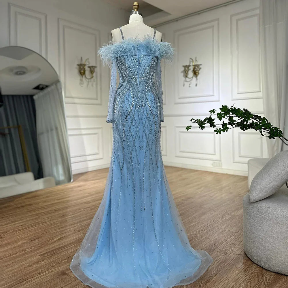 Luxury Dubai Blue Feather Beaded Luxury Mermaid Evening Dresses Gowns for Women Formal Occasion LA72836