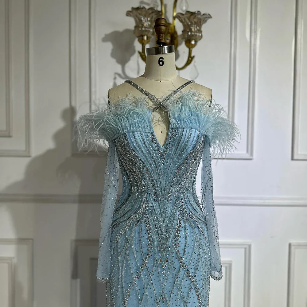 Luxury Dubai Blue Feather Beaded Luxury Mermaid Evening Dresses Gowns for Women Formal Occasion LA72836