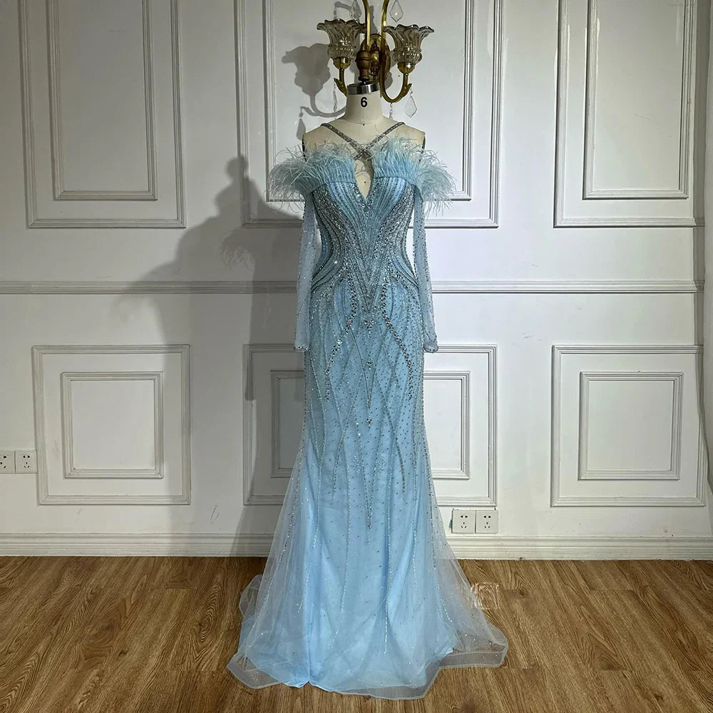 Luxury Dubai Blue Feather Beaded Luxury Mermaid Evening Dresses Gowns for Women Formal Occasion LA72836