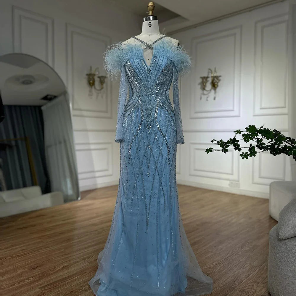 Luxury Dubai Blue Feather Beaded Luxury Mermaid Evening Dresses Gowns for Women Formal Occasion LA72836