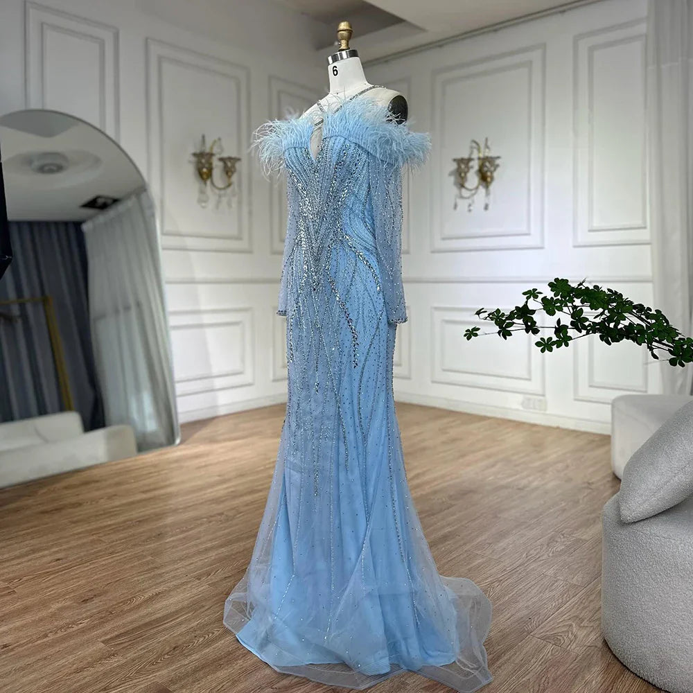 Luxury Dubai Blue Feather Beaded Luxury Mermaid Evening Dresses Gowns for Women Formal Occasion LA72836