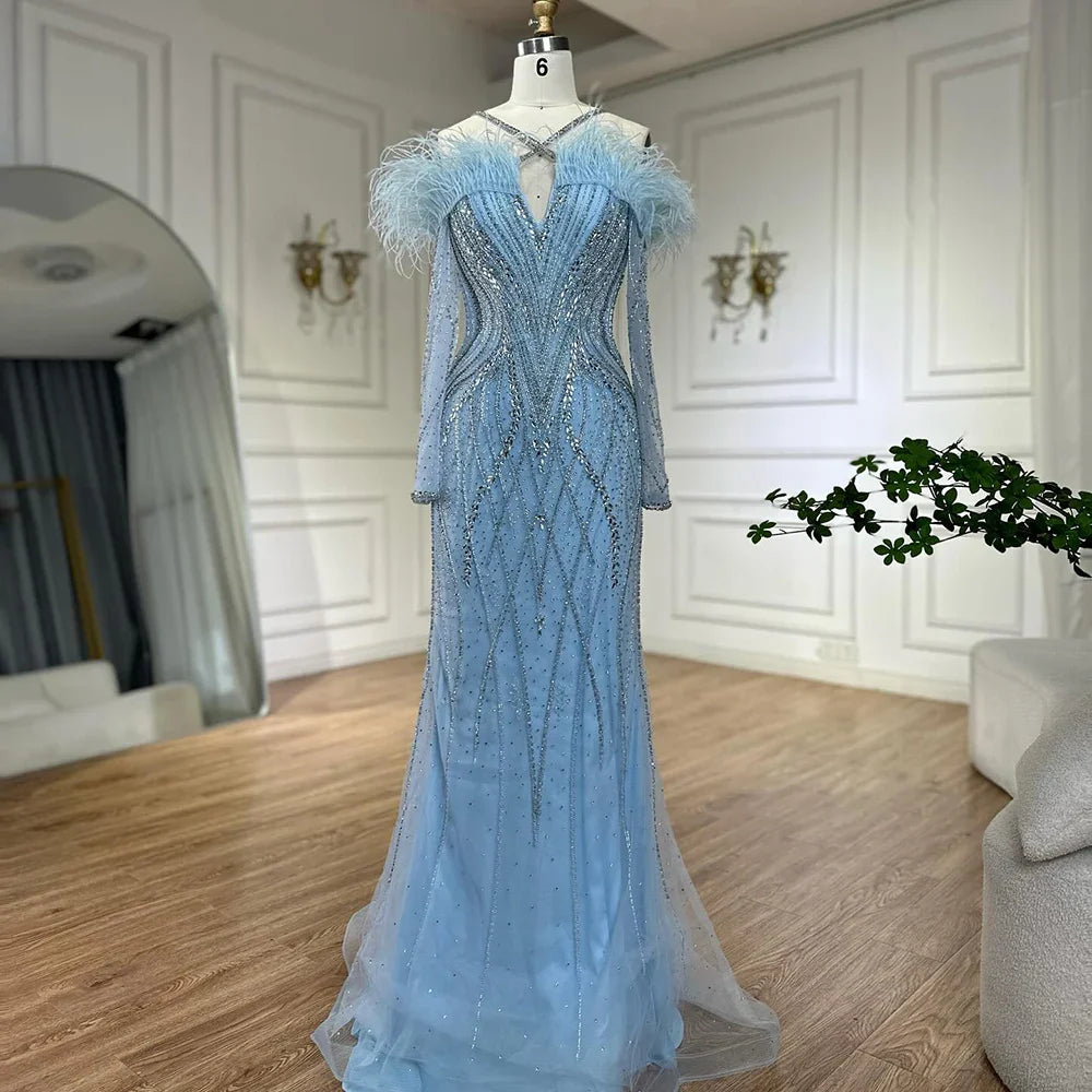 Luxury Dubai Blue Feather Beaded Luxury Mermaid Evening Dresses Gowns for Women Formal Occasion LA72836