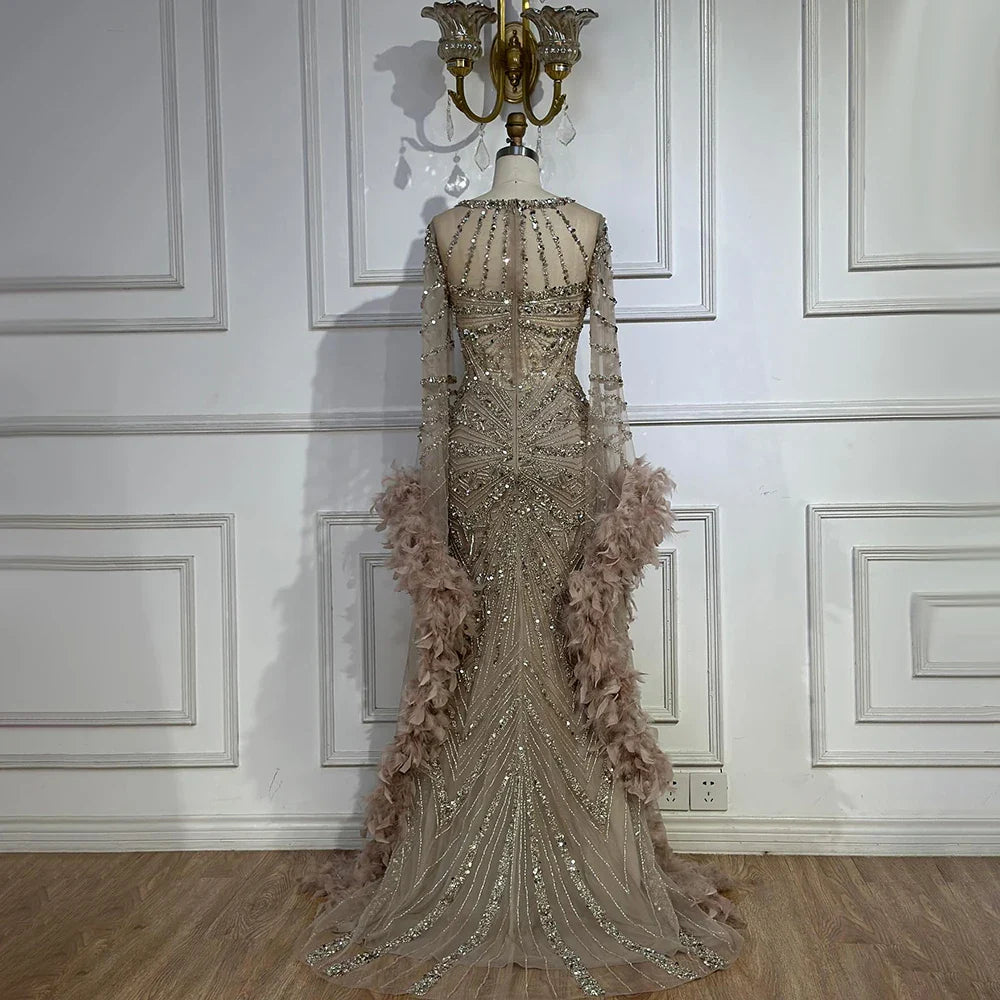 Luxury Modest Caramel Feather Long Cape Sleeves Mermaid Evening Dress LA72708A