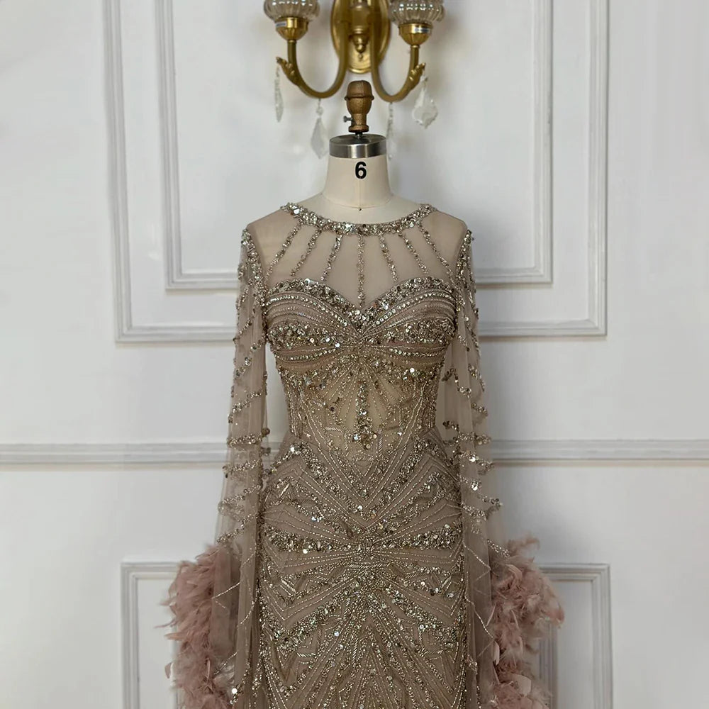 Luxury Modest Caramel Feather Long Cape Sleeves Mermaid Evening Dress LA72708A