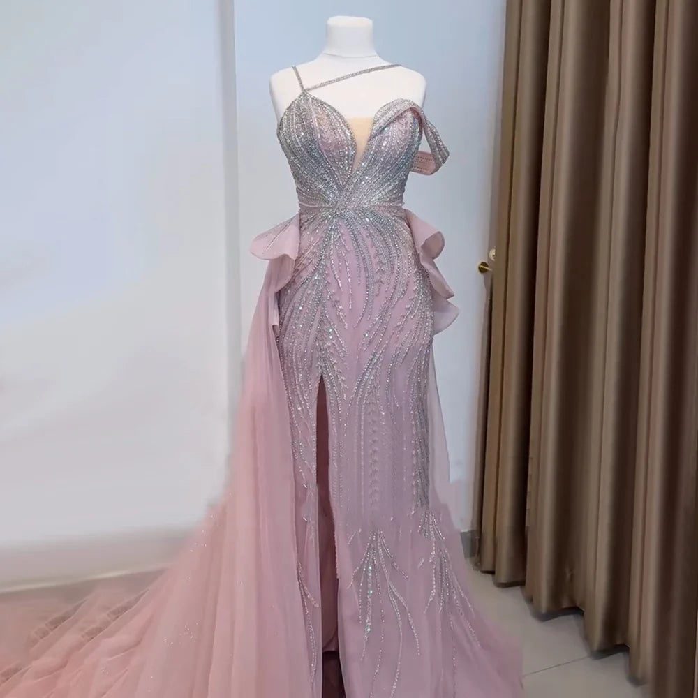 Luxury Dubai Caramel Beaded Mermaid Evening Gown with Overskirt and Elegant Split for Formal Occasion LA72890
