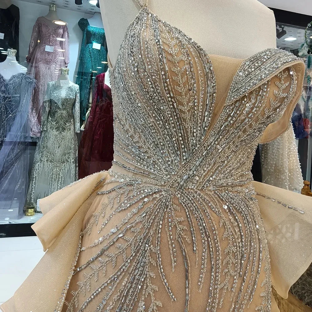 Luxury Dubai Caramel Beaded Mermaid Evening Gown with Overskirt and Elegant Split for Formal Occasion LA72890