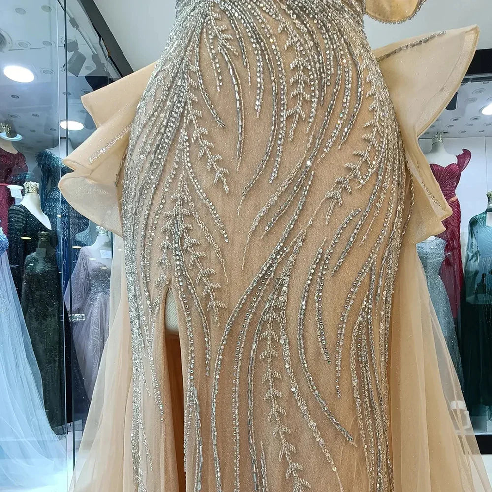 Luxury Dubai Caramel Beaded Mermaid Evening Gown with Overskirt and Elegant Split for Formal Occasion LA72890