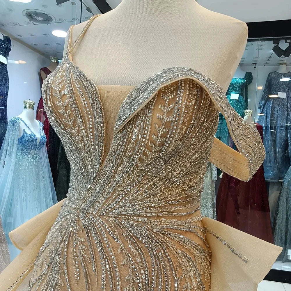Luxury Dubai Caramel Beaded Mermaid Evening Gown with Overskirt and Elegant Split for Formal Occasion LA72890