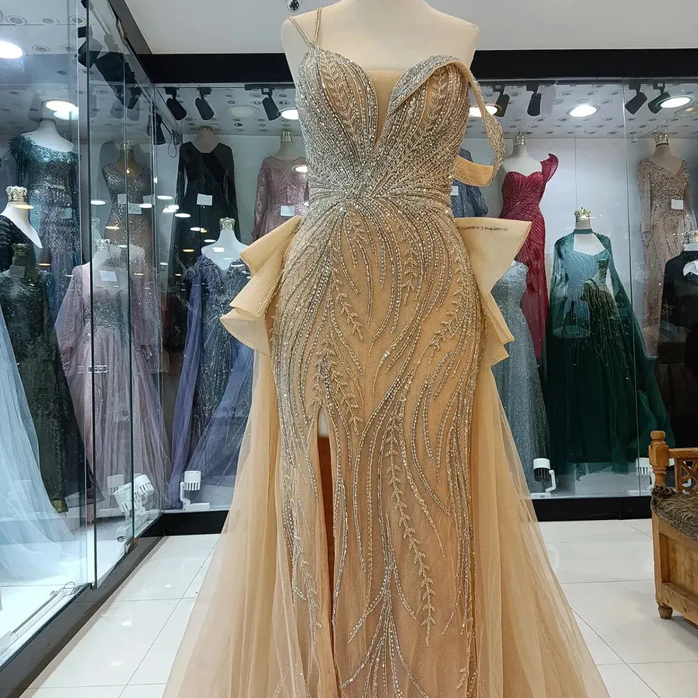 Luxury Dubai Caramel Beaded Mermaid Evening Gown with Overskirt and Elegant Split for Formal Occasion LA72890