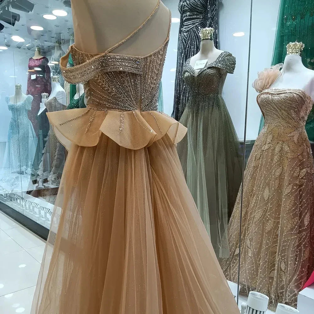 Luxury Dubai Caramel Beaded Mermaid Evening Gown with Overskirt and Elegant Split for Formal Occasion LA72890