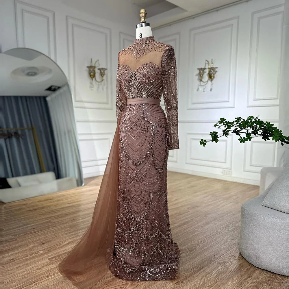 Luxury Brown Beaded Mermaid Evening Dress with Side Overskirt LA71913A