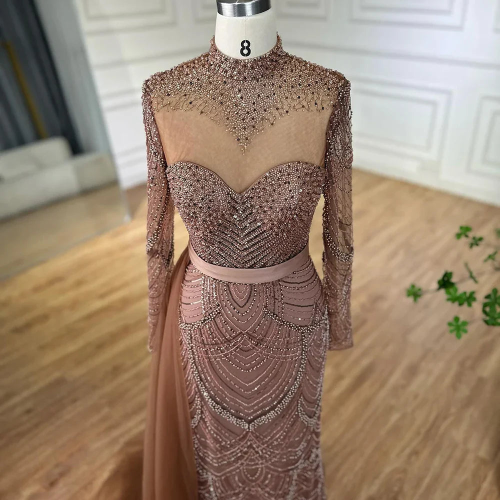 Luxury Brown Beaded Mermaid Evening Dress with Side Overskirt LA71913A