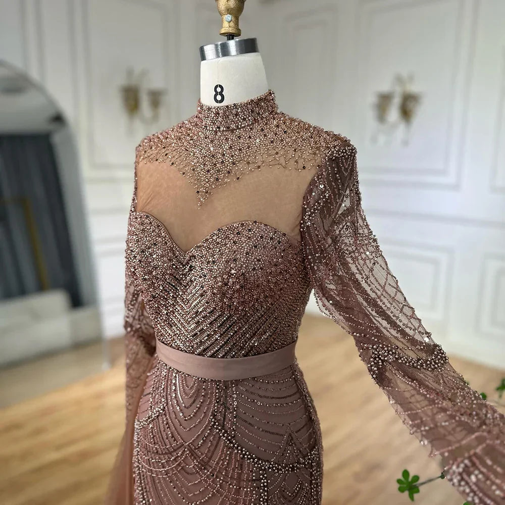 Luxury Brown Beaded Mermaid Evening Dress with Side Overskirt LA71913A