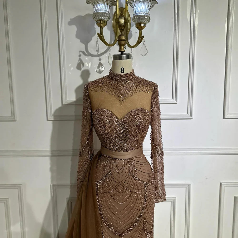 Luxury Brown Beaded Mermaid Evening Dress with Side Overskirt LA71913A