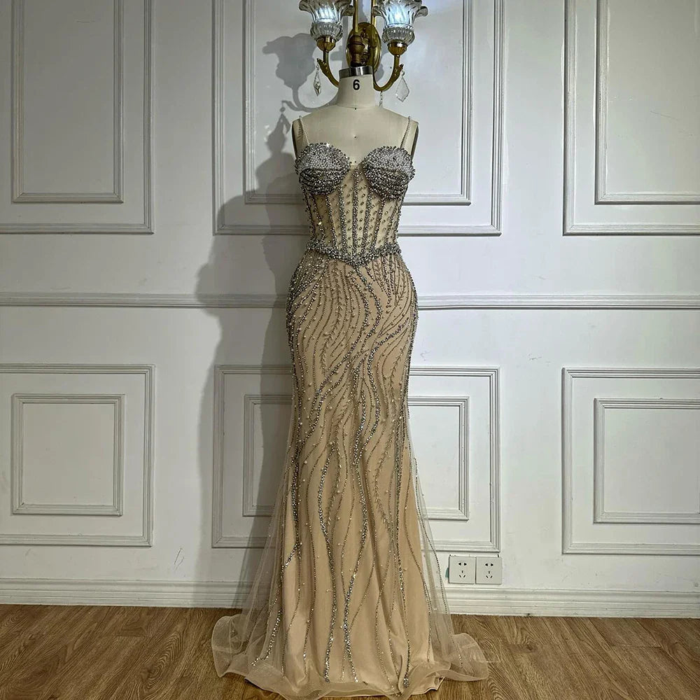 Luxury Dubai Elegant Spaghetti Strap Pearl Beaded Mermaid Evening Gown for Formal Occasion LA72865