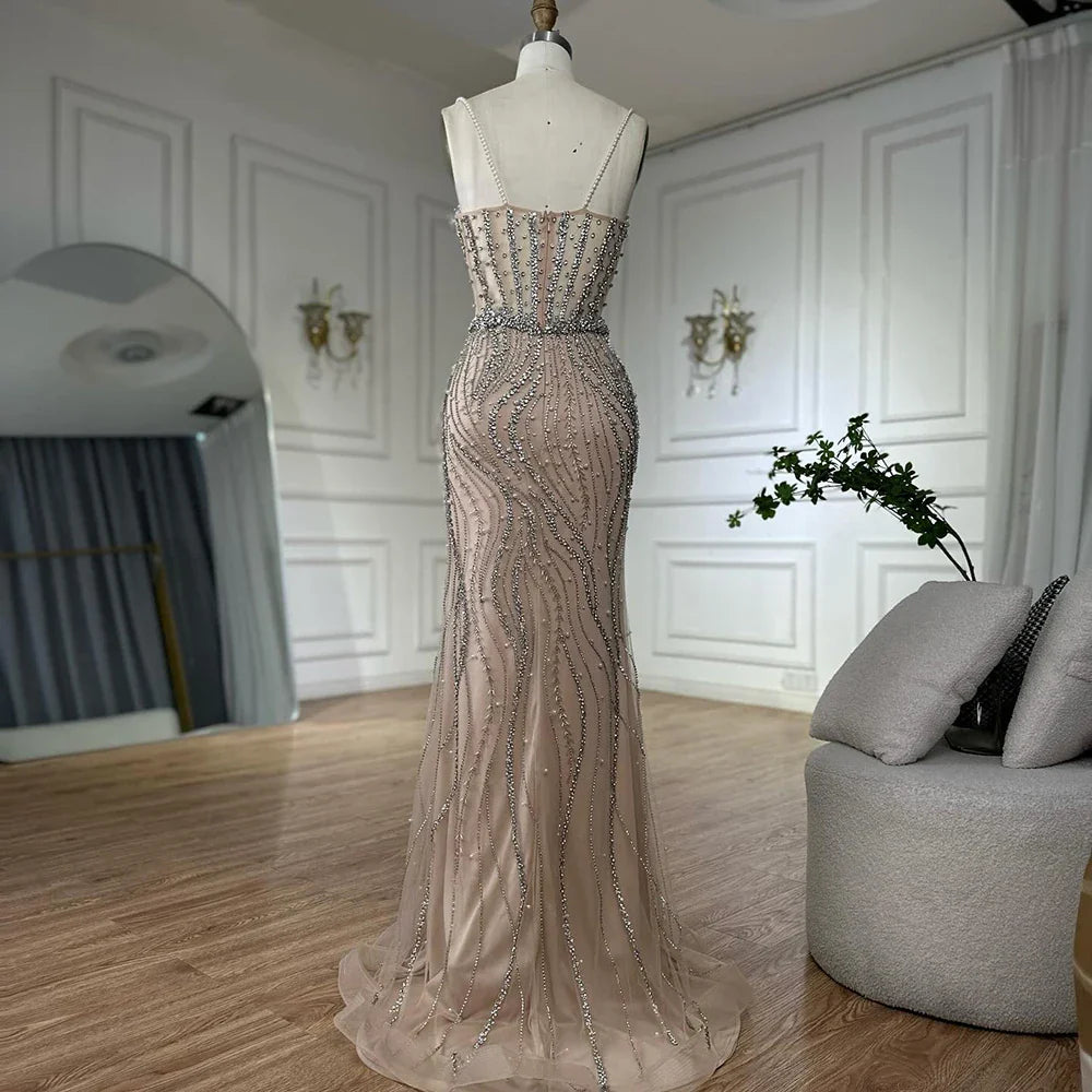 Luxury Dubai Elegant Spaghetti Strap Pearl Beaded Mermaid Evening Gown for Formal Occasion LA72865