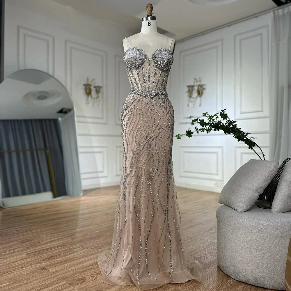 Luxury Dubai Elegant Spaghetti Strap Pearl Beaded Mermaid Evening Gown for Formal Occasion LA72865