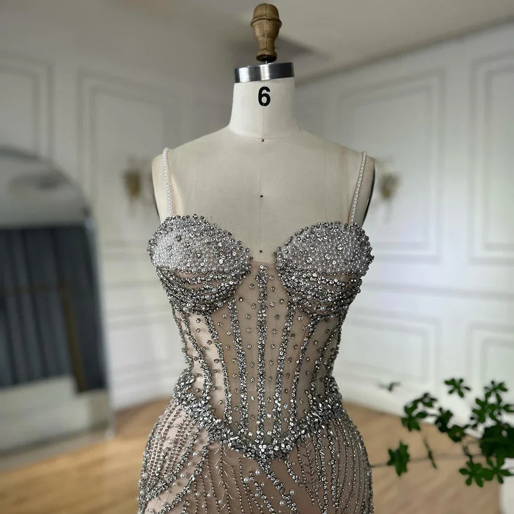 Luxury Dubai Elegant Spaghetti Strap Pearl Beaded Mermaid Evening Gown for Formal Occasion LA72865