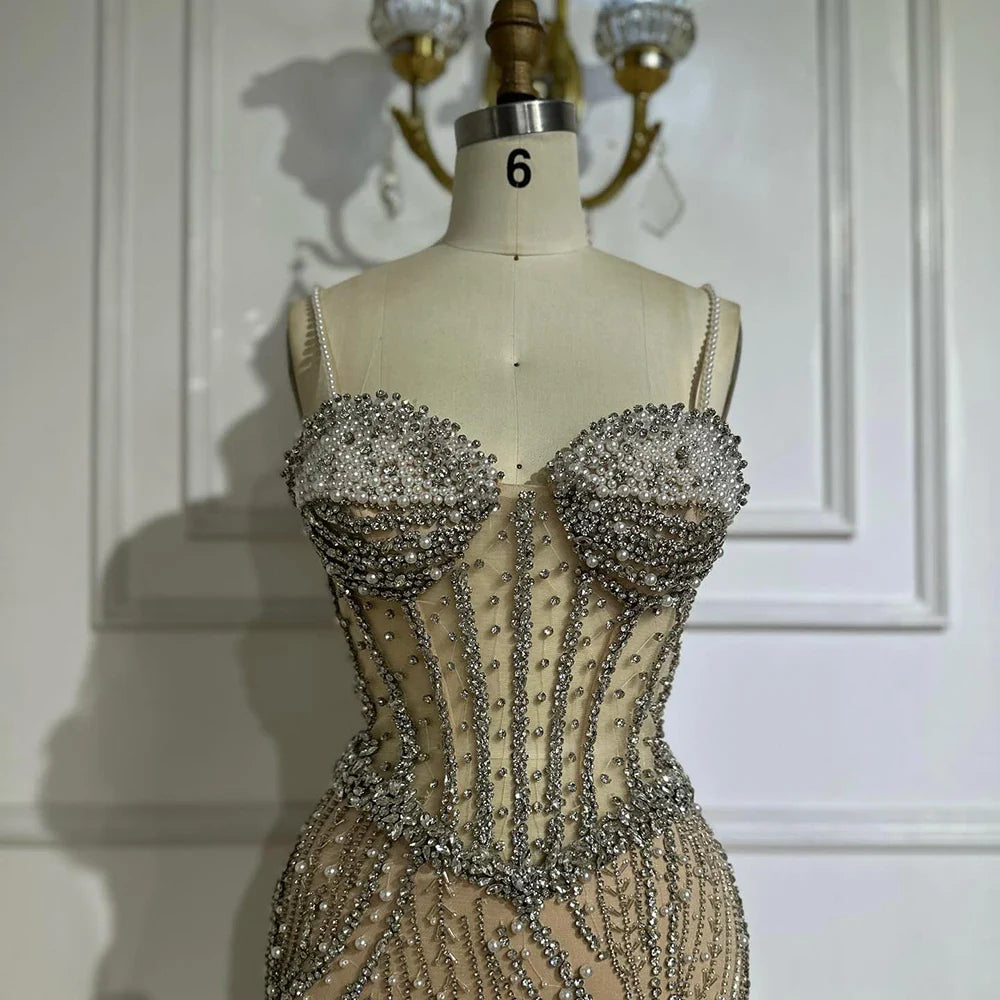 Luxury Dubai Elegant Spaghetti Strap Pearl Beaded Mermaid Evening Gown for Formal Occasion LA72865