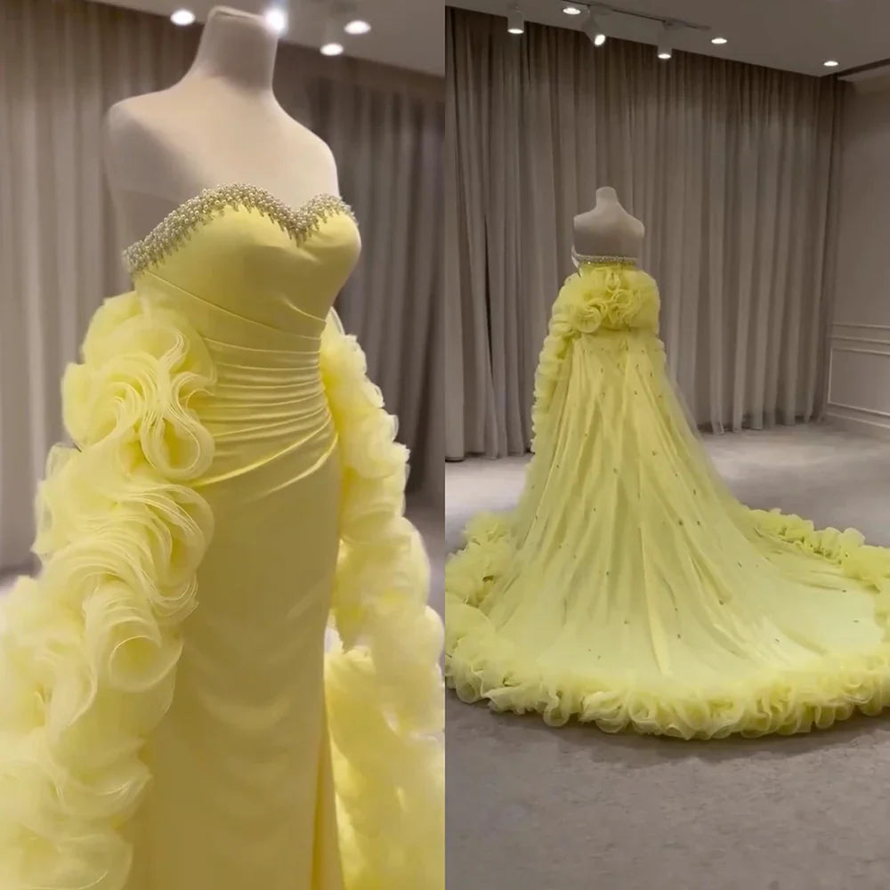 Luxury Dubai Evening Gown for Formal Occasion Elegant Yellow Dress with Ruffles and Beaded Details LA72889