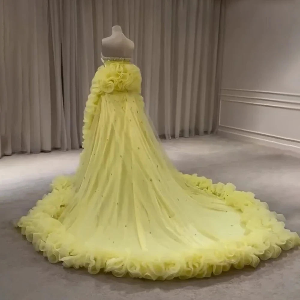 Luxury Dubai Evening Gown for Formal Occasion Elegant Yellow Dress with Ruffles and Beaded Details LA72889