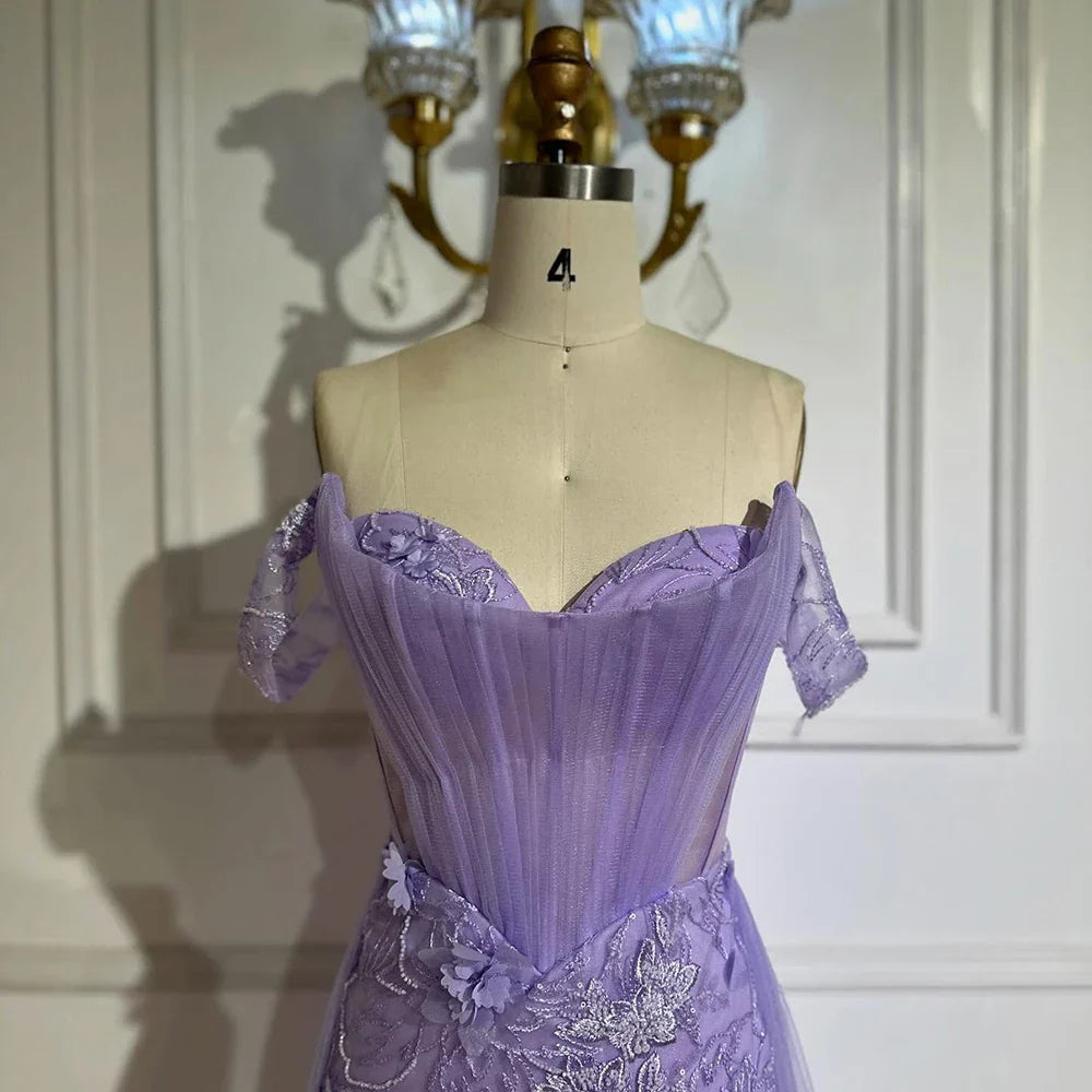 Luxury Dubai Lilac Off Shoulder Corset Beaded High Slit Tulle Saudi Evening Gown for Formal Occasion LA72874