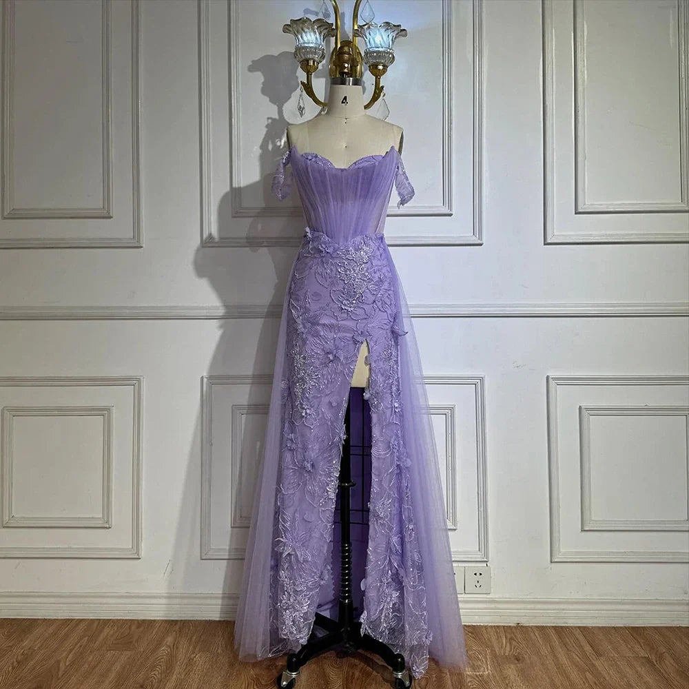 Luxury Dubai Lilac Off Shoulder Corset Beaded High Slit Tulle Saudi Evening Gown for Formal Occasion LA72874