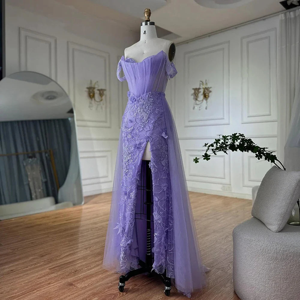 Luxury Dubai Lilac Off Shoulder Corset Beaded High Slit Tulle Saudi Evening Gown for Formal Occasion LA72874