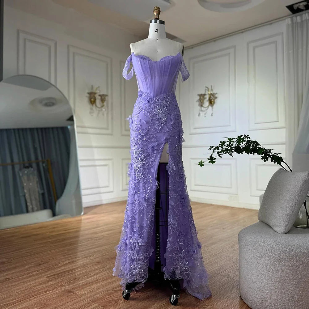 Luxury Dubai Lilac Off Shoulder Corset Beaded High Slit Tulle Saudi Evening Gown for Formal Occasion LA72874