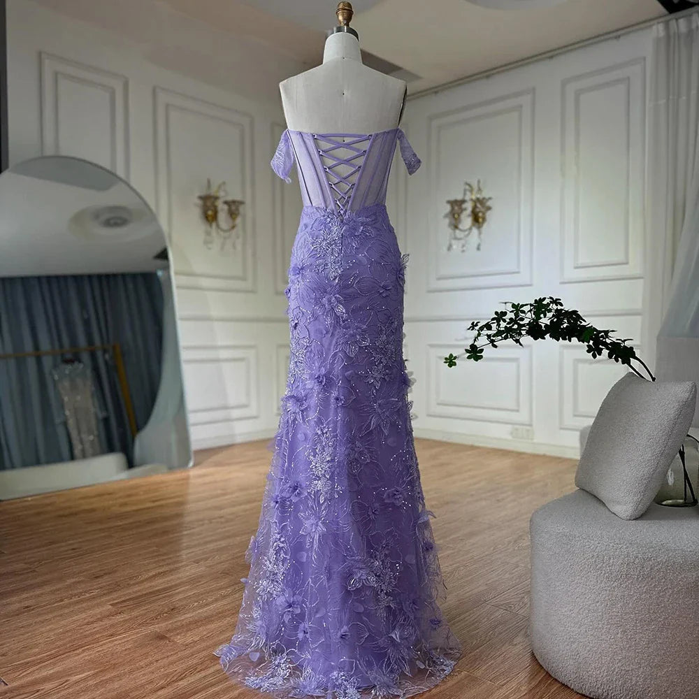 Luxury Dubai Lilac Off Shoulder Corset Beaded High Slit Tulle Saudi Evening Gown for Formal Occasion LA72874