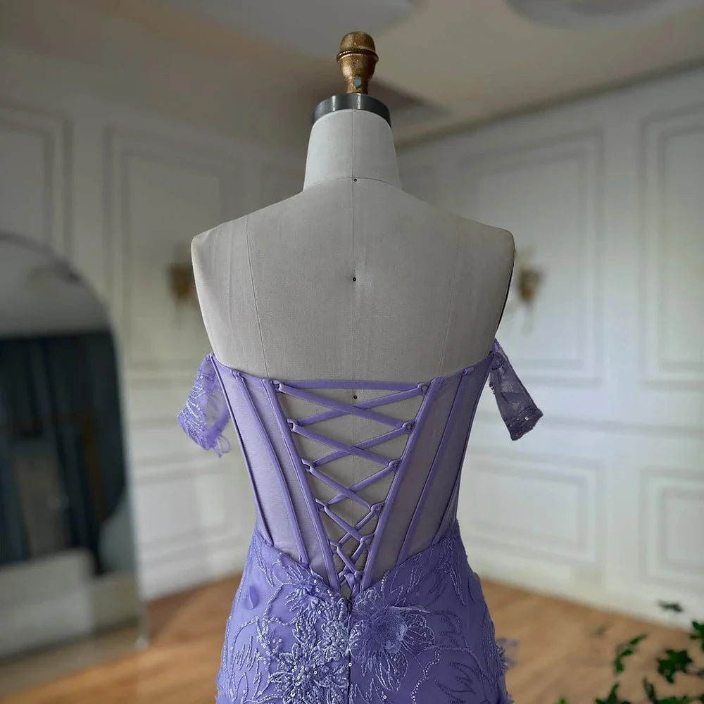 Luxury Dubai Lilac Off Shoulder Corset Beaded High Slit Tulle Saudi Evening Gown for Formal Occasion LA72874