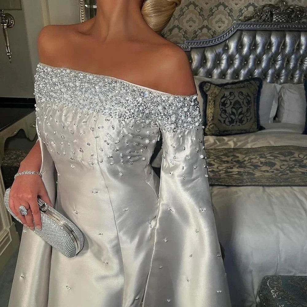 Luxury Dubai Luxury Off Shoulder A Line Gray Satin Evening Gown Pearl Beaded for Formal Occasion LA72779