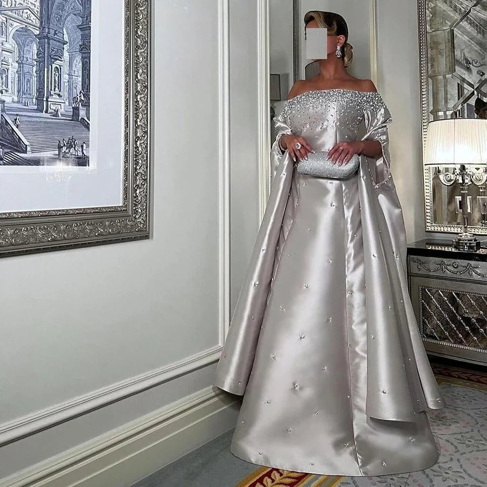 Luxury Dubai Luxury Off Shoulder A Line Gray Satin Evening Gown Pearl Beaded for Formal Occasion LA72779