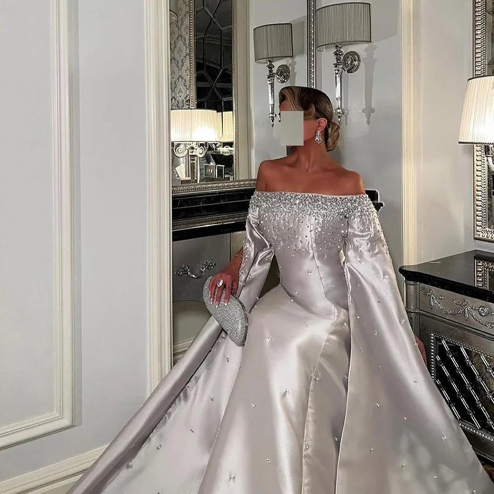 Luxury Dubai Luxury Off Shoulder A Line Gray Satin Evening Gown Pearl Beaded for Formal Occasion LA72779