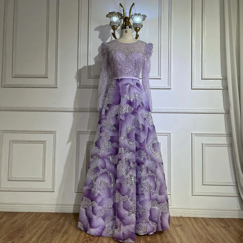 Luxury Dubai Muslim Elegant Lilac Beaded A Line Evening Gown for Formal Occasion LA72847