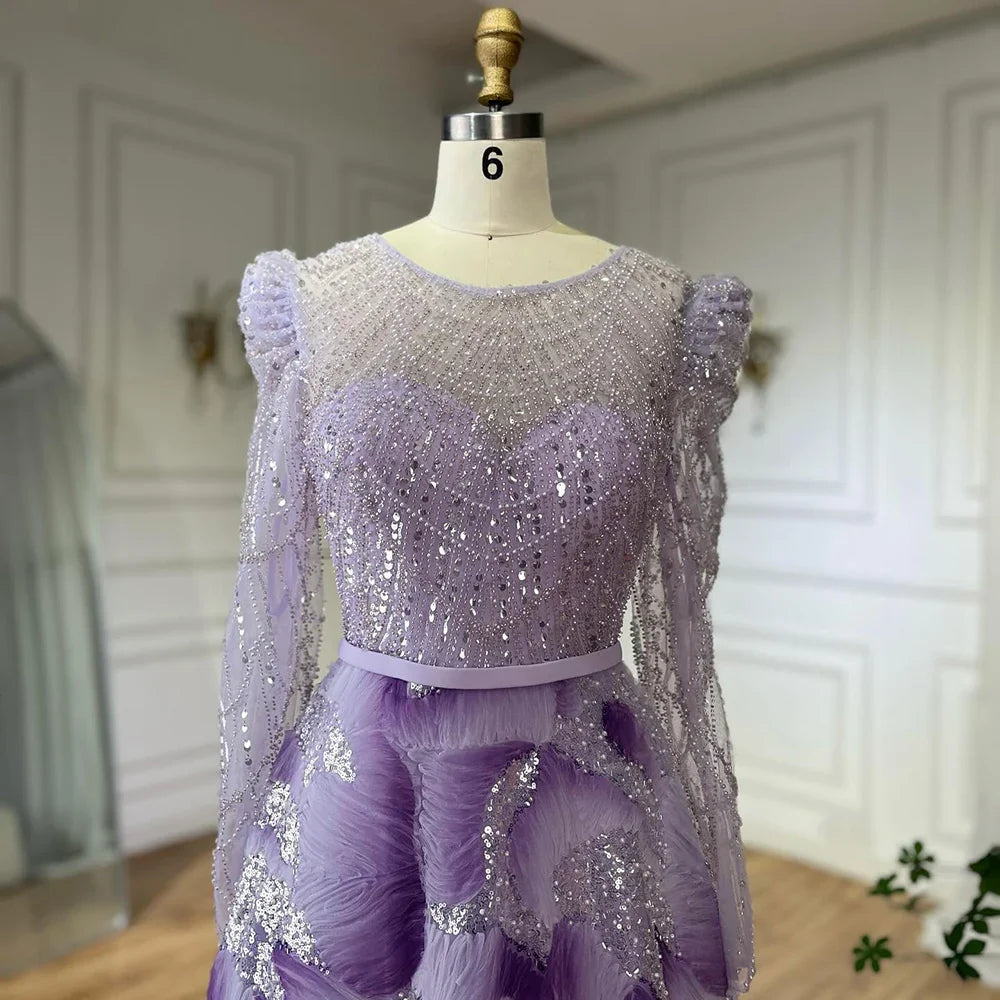 Luxury Dubai Muslim Elegant Lilac Beaded A Line Evening Gown for Formal Occasion LA72847