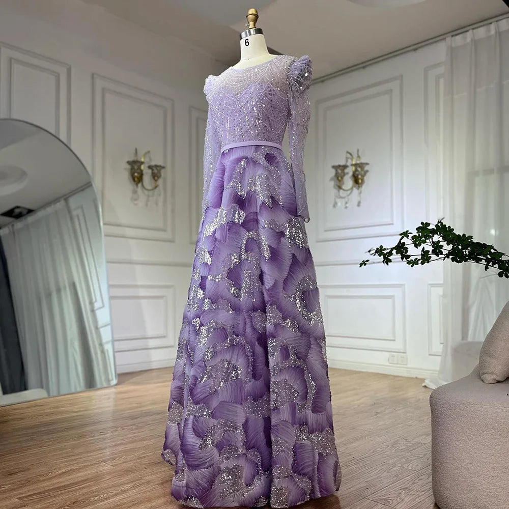 Luxury Dubai Muslim Elegant Lilac Beaded A Line Evening Gown for Formal Occasion LA72847