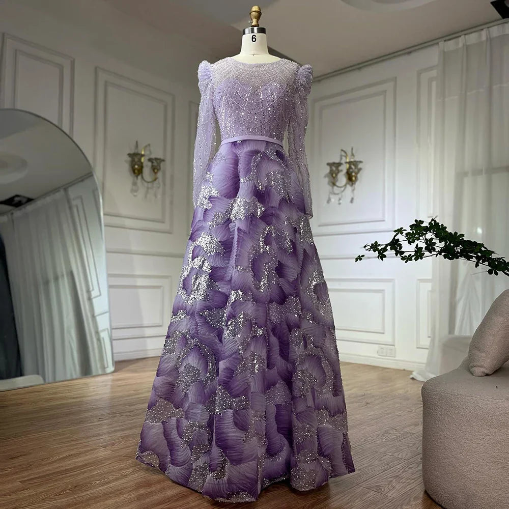 Luxury Dubai Muslim Elegant Lilac Beaded A Line Evening Gown for Formal Occasion LA72847