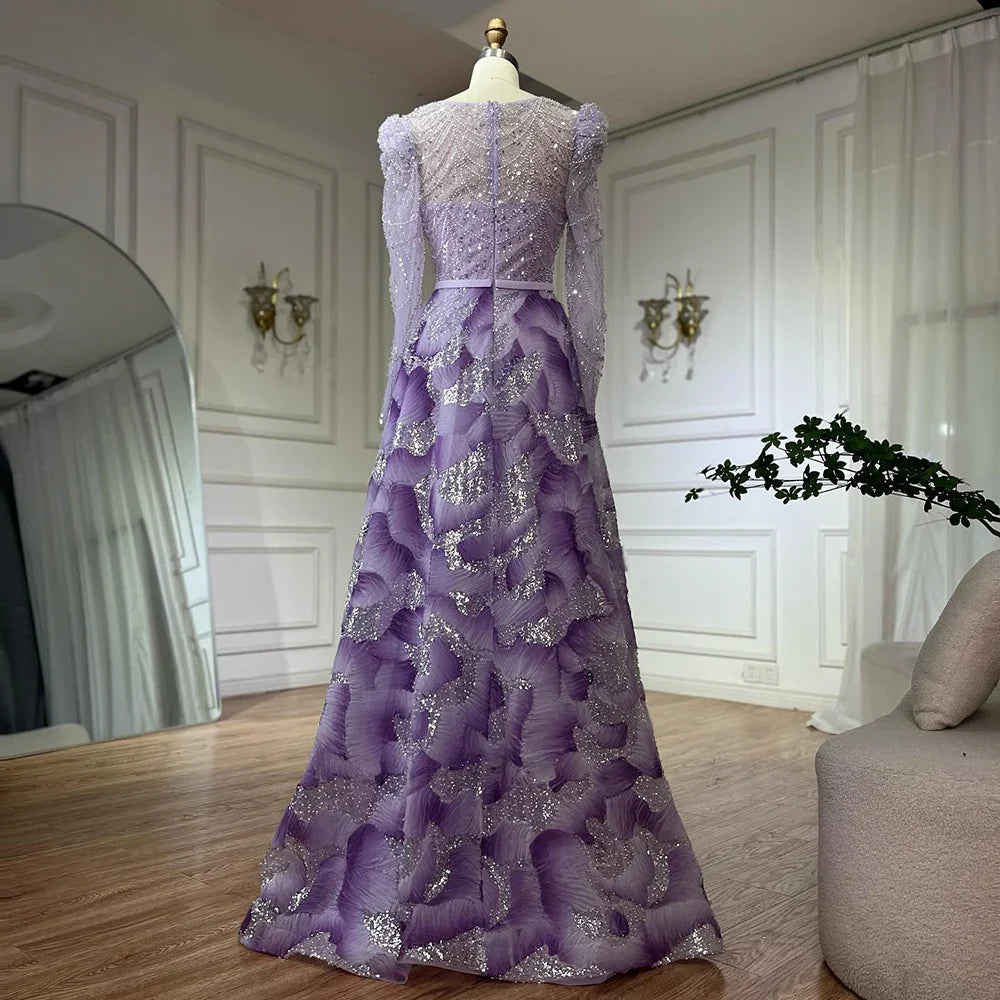 Luxury Dubai Muslim Elegant Lilac Beaded A Line Evening Gown for Formal Occasion LA72847